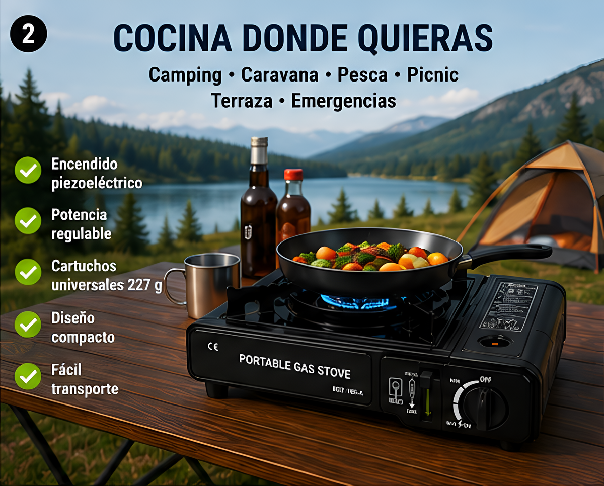 Cocina de Gas Portátil para Camping BDZ-155-A | Hornillo de Butano con Encendido Piezoeléctrico, Maletín de Transporte y Sist