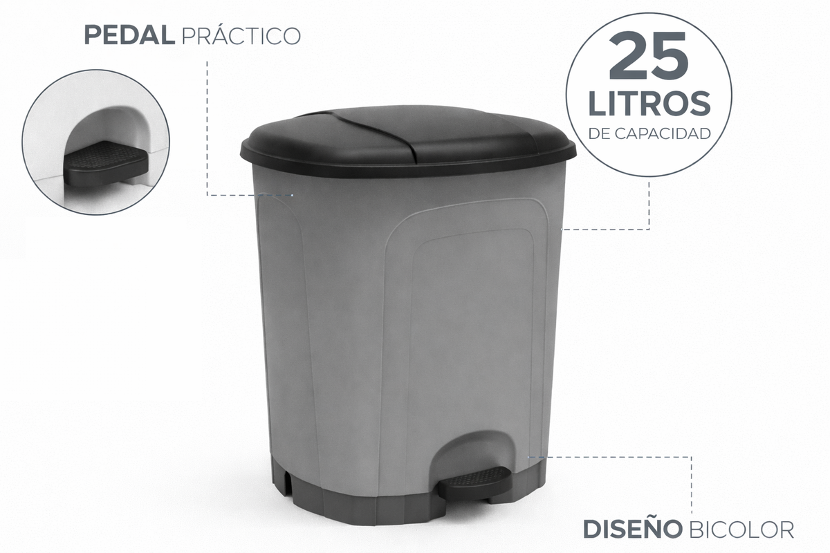 Cubo de basura cocina de plástico con pedal | Color Gris | Capacidad: 25 litros | Tapa color negro