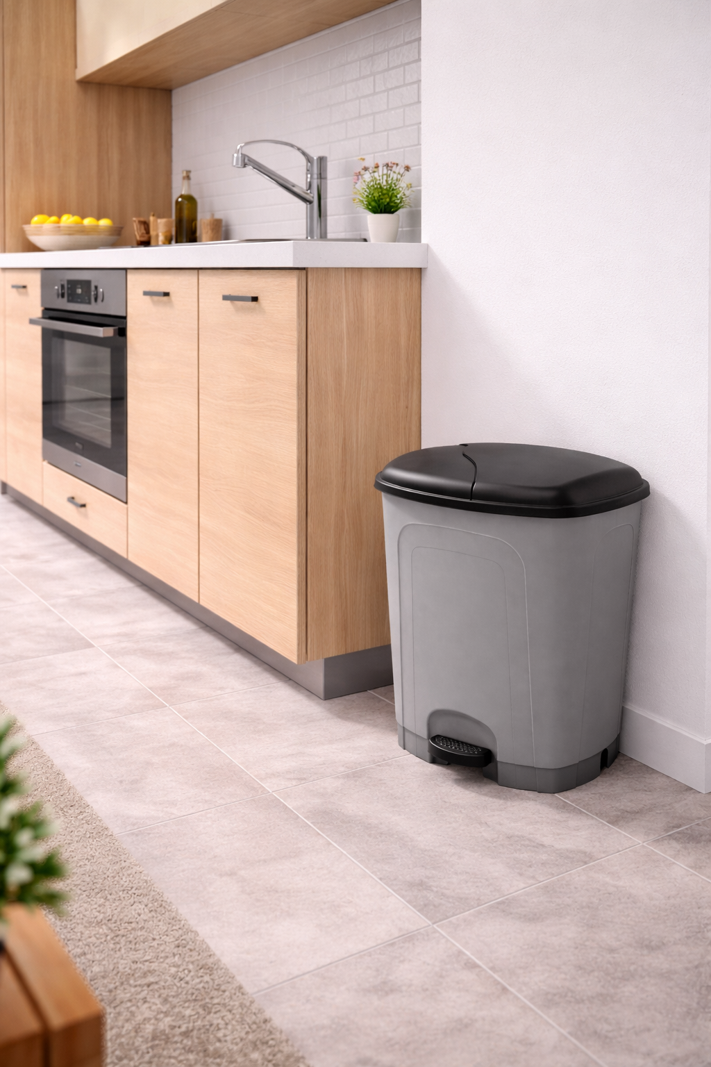 Cubo de basura cocina de plástico con pedal | Color Gris | Capacidad: 25 litros | Tapa color negro