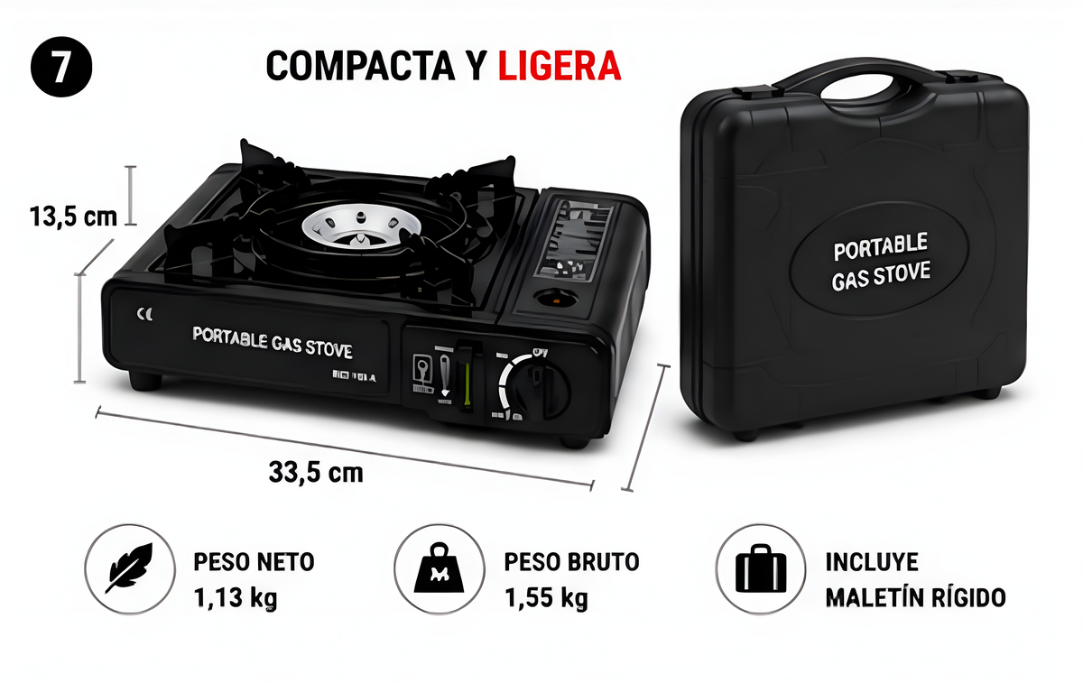 Cocina de Gas Portátil para Camping BDZ-155-A | Hornillo de Butano con Encendido Piezoeléctrico, Maletín de Transporte y Sist