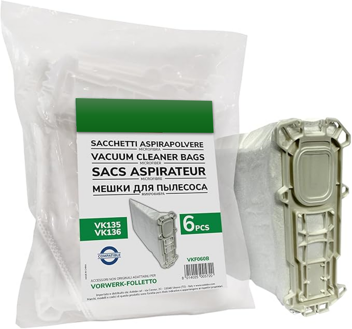 Pack de 6 Bolsas de Microfibra Compatibles con Aspiradoras Folletto VK135 y VK136