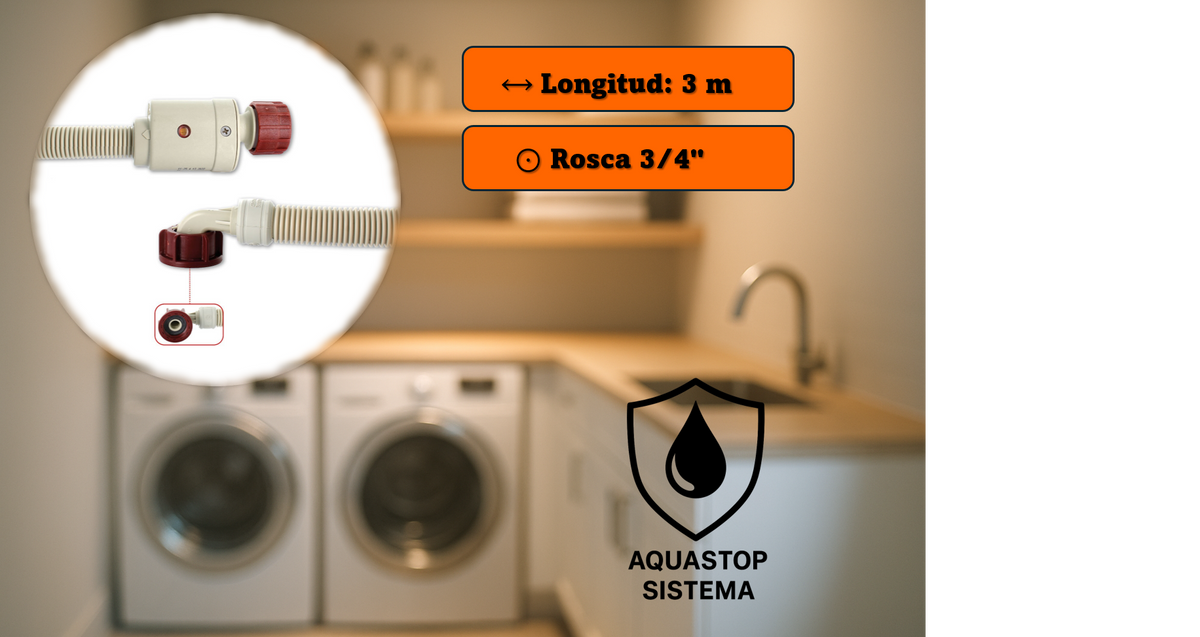 Manguera Aquastop 3,0 m para Lavadora y Lavavajillas | 3/4" Curva/Recta | Con Válvula de Seguridad
