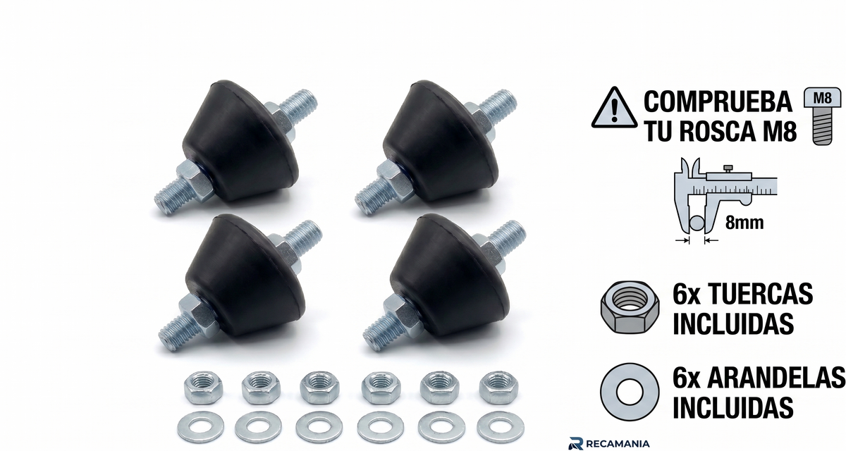 Pack 4 Silentblocks Aire Acondicionado Exterior M8 | Amortiguadores Antivibración de Goma de Alta Densidad | Soporte Compresor Universal Resistente a la Intemperie con Tuercas y Arandelas