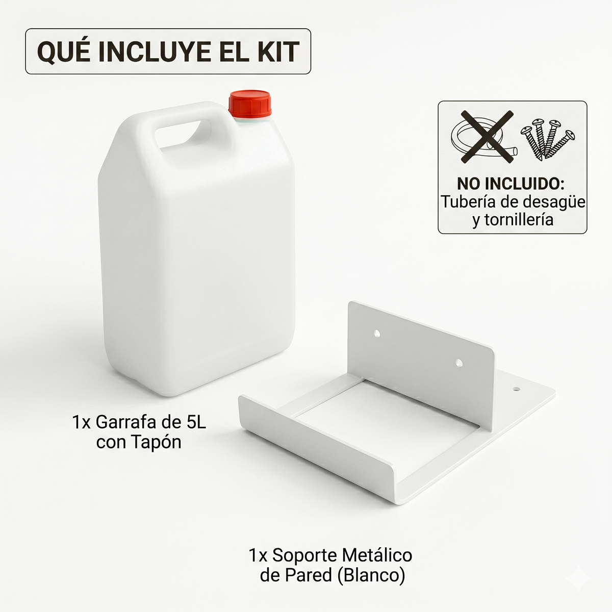 Kit Garrafa Desagüe para Aire Acondicionado | Garrafa de Plástico 5 Litros con Tapón y Soporte Metálico de Pared en U | Depósito de Condensación Universal para Exterior e Interior
