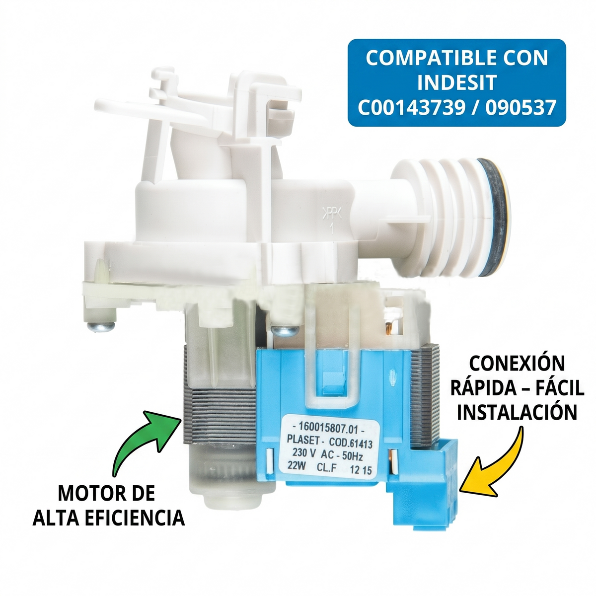 Bomba de Desagüe para Lavavajillas Indesit, Ariston, Hotpoint y Teka | Recambio Compatible C00143739 y 090537 | Motor de Drenaj