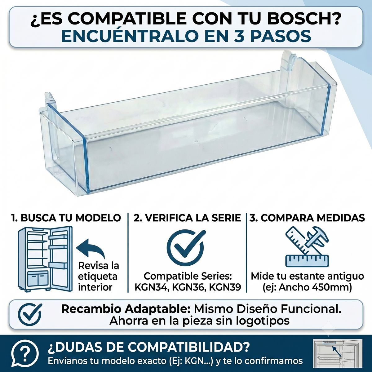 Estante Botellero Frigorífico Compatible con BOSCH 00709646 | Sustituye 00744473, 00705901, 00704751 | Transparente Sin Logo n
