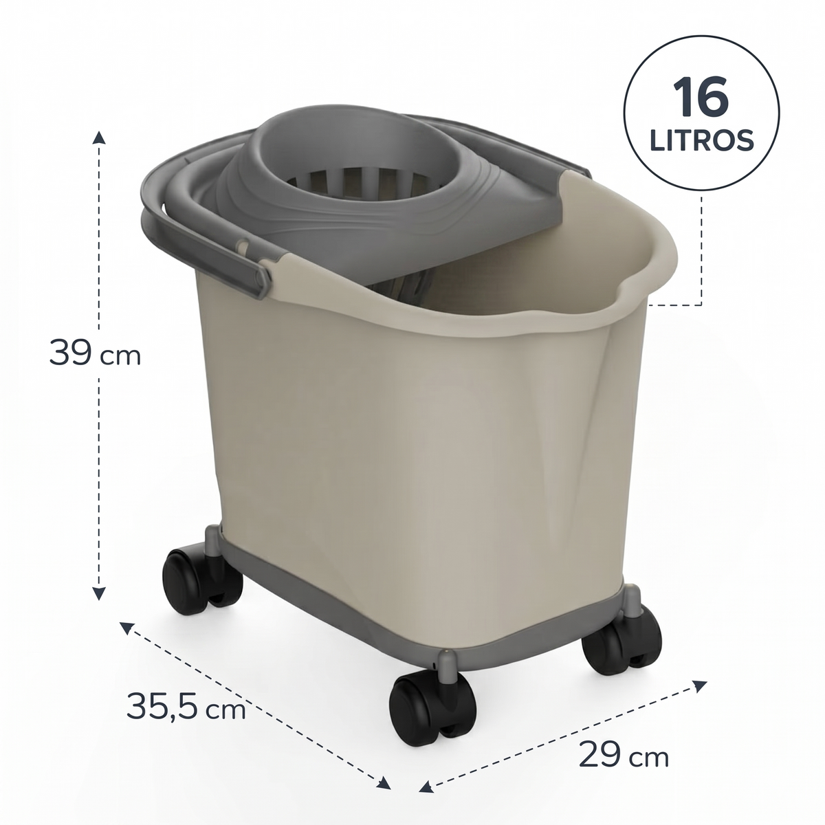 Cubo de fregona rectangular de plástico con escurridor y ruedas 360º, Color Beige, 16L, 39x29x35 cm