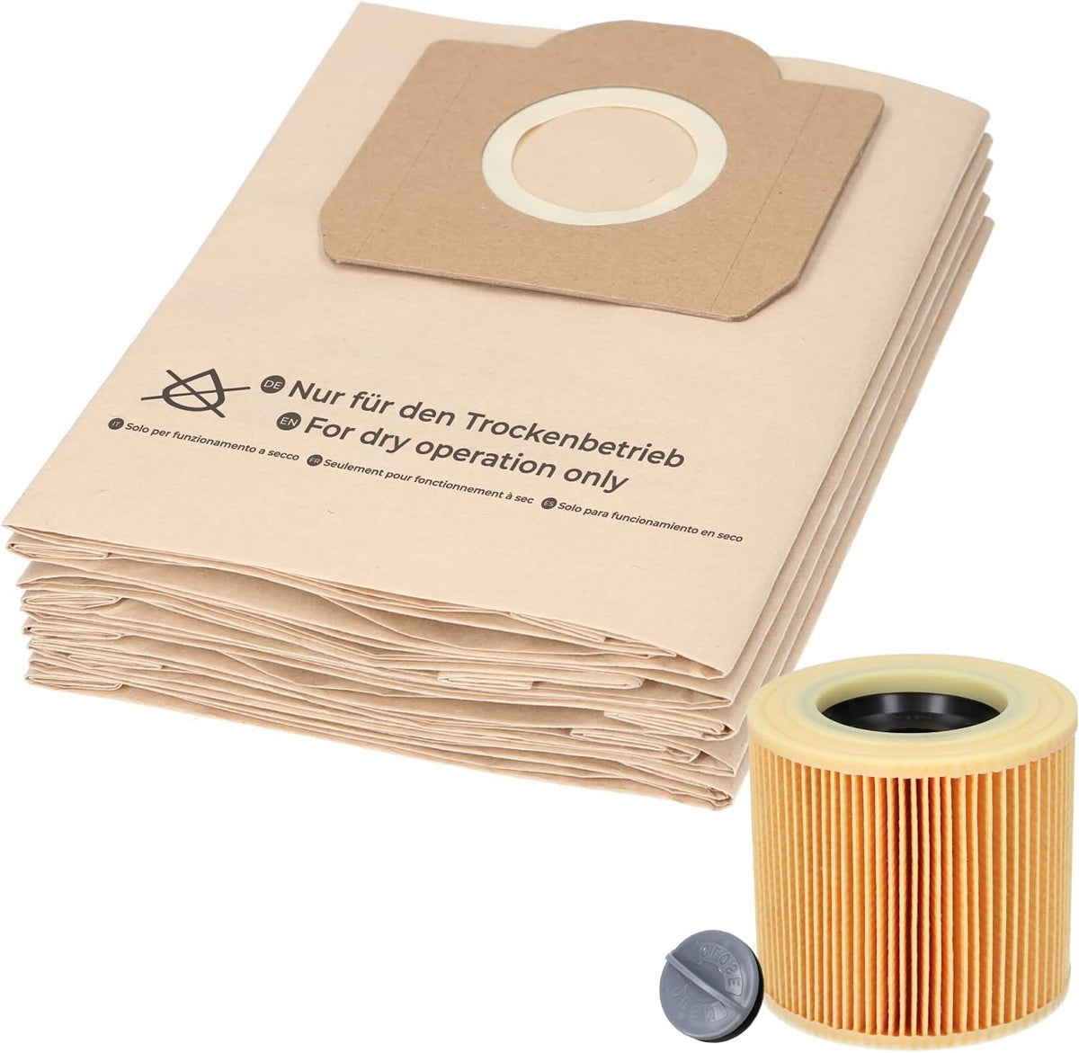 Kit de 5 bolsas de aspiradora y 1 filtro de cartucho adecuado para aspiradoras multiusos Kärcher