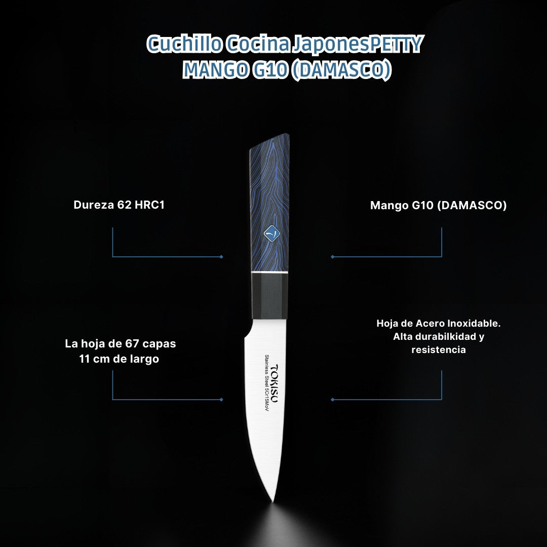 Cuchillo Cocina Profesional  TOKYSU - Cuchillos Cocina Japones PETTY de Acero Inoxidable de 67 capas  11 cm -  Mango G10 DAMASCO