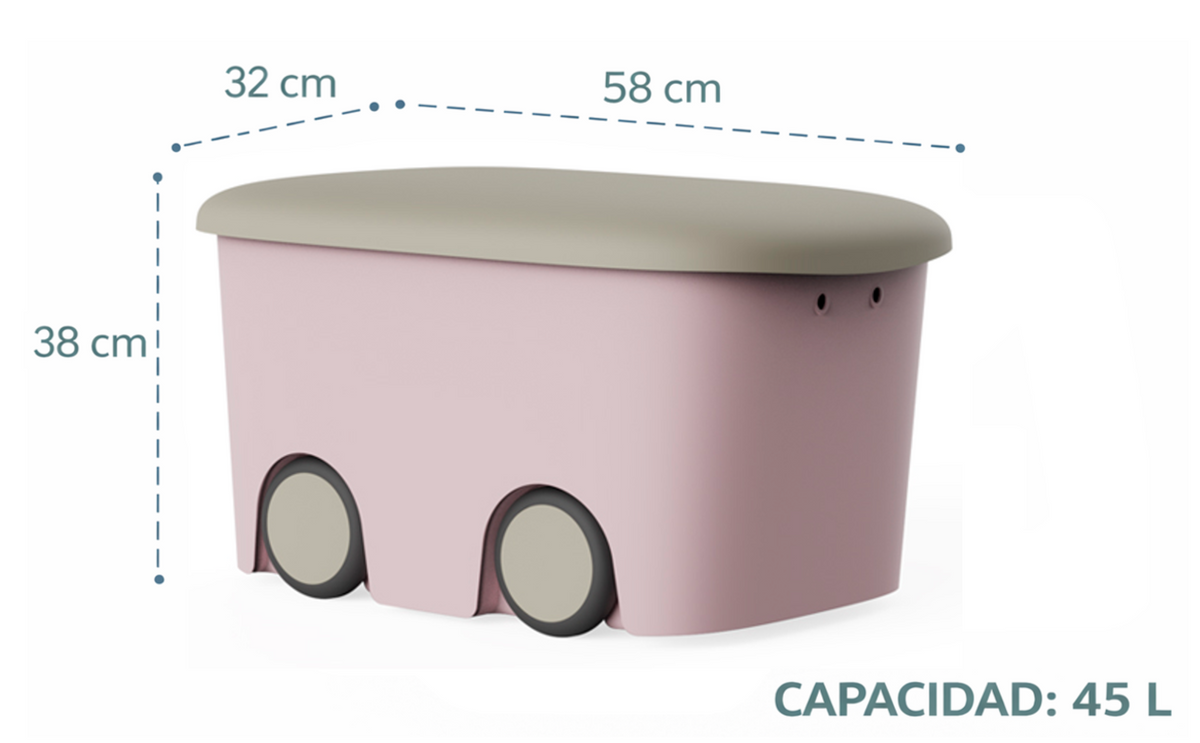 Caja de almacenamiento de plástico con ruedas y tapa | Color rosa | 45 litros | Medidas: 58x38x32 cm