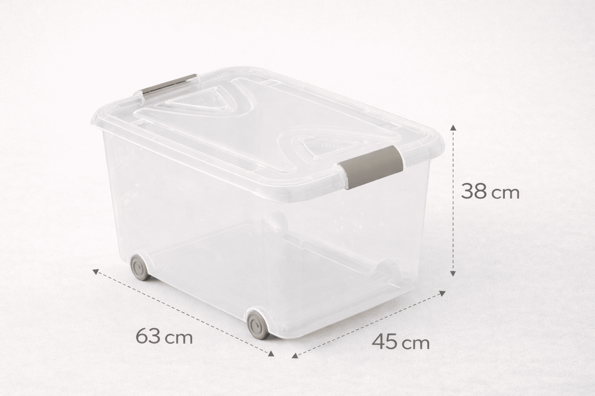 Caja de almacenaje de plástico transparente con ruedas y tapa, Capacidad 70 L, Medidas: 63x45x38 cm