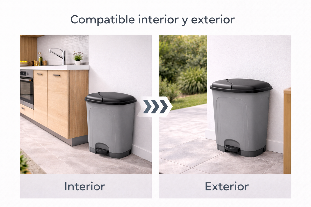 Cubo de basura cocina de plástico con pedal | Color Gris | Capacidad: 25 litros | Tapa color negro