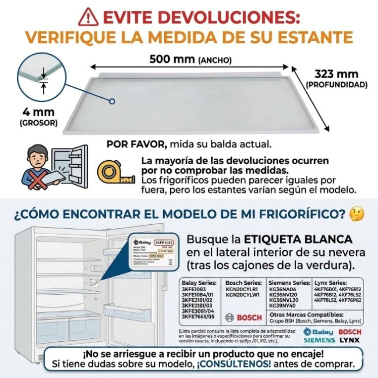 Estante de Cristal para Frigorífico 500x323mm  |  Bandeja de Vidrio de Repuesto Compatible con Balay, Bosch, Siemens, Lynx