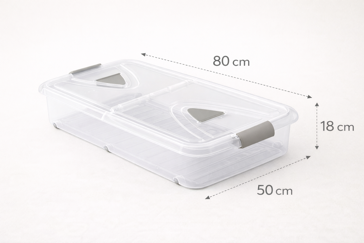 Caja de almacenaje de plástico transparente con ruedas y tapa, Capacidad 60 L, Medidas: 80x50x18 cm