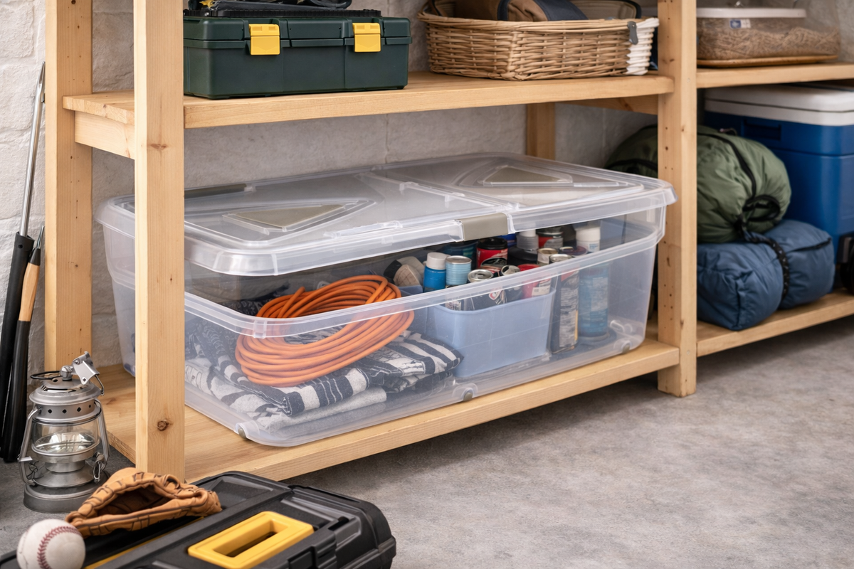 Caja de almacenaje de plástico transparente con ruedas y tapa, Capacidad 60 L, Medidas: 80x50x18 cm