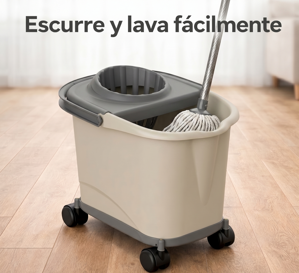 Cubo de fregona rectangular de plástico con escurridor y ruedas 360º, Color Beige, 16L, 39x29x35 cm