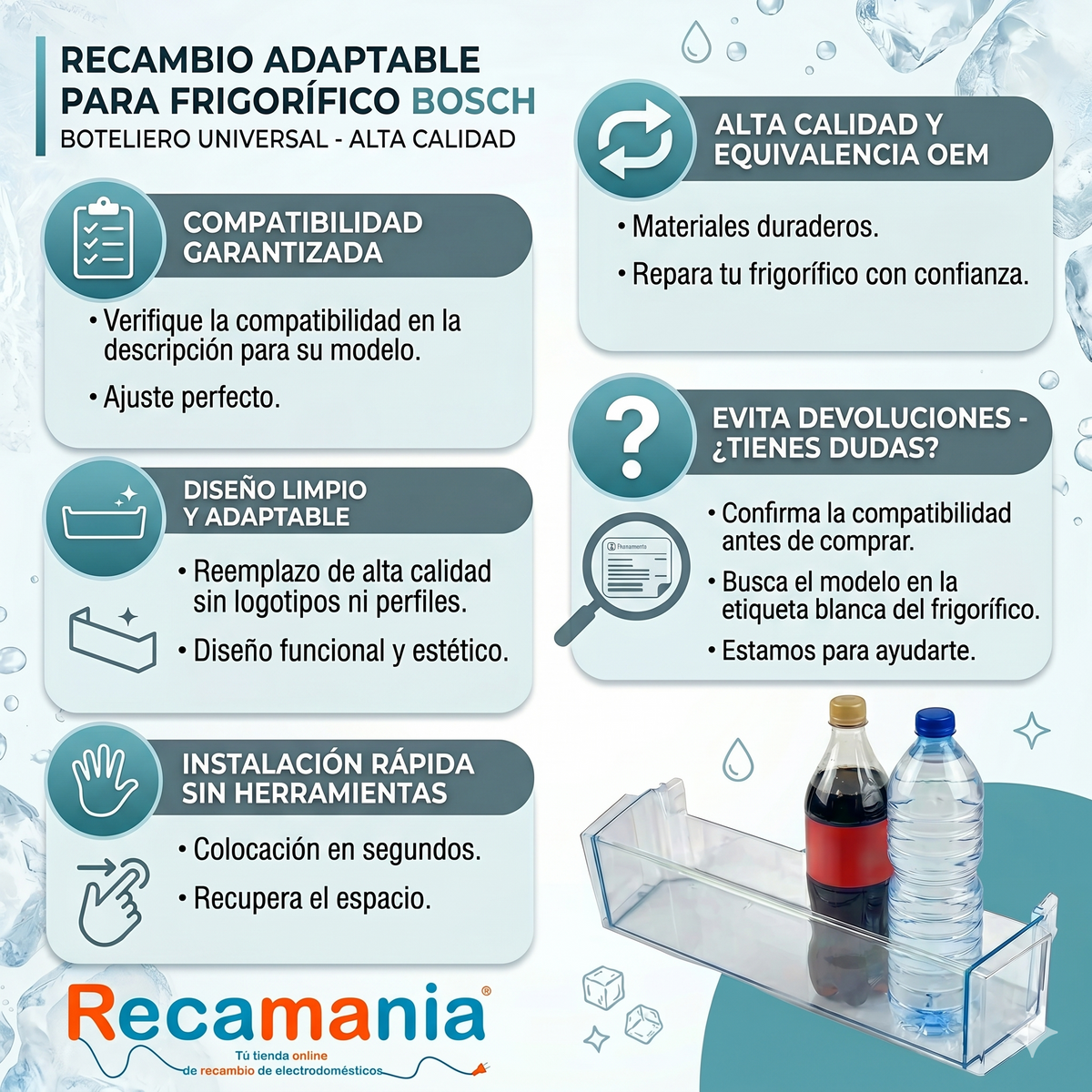 Estante Botellero Frigorífico Compatible con BOSCH 00709646  |  Sustituye 00744473, 00705901, 00704751  |  Transparente Sin Logo n