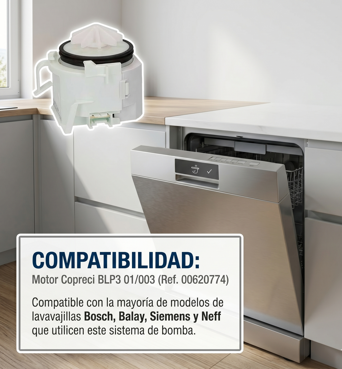 Bomba de Desagüe para Lavavajillas Bosch, Balay, Siemens, Neff  |  Motor de Drenaje Copreci BLP3 01/003  |  Recambio Compatible con