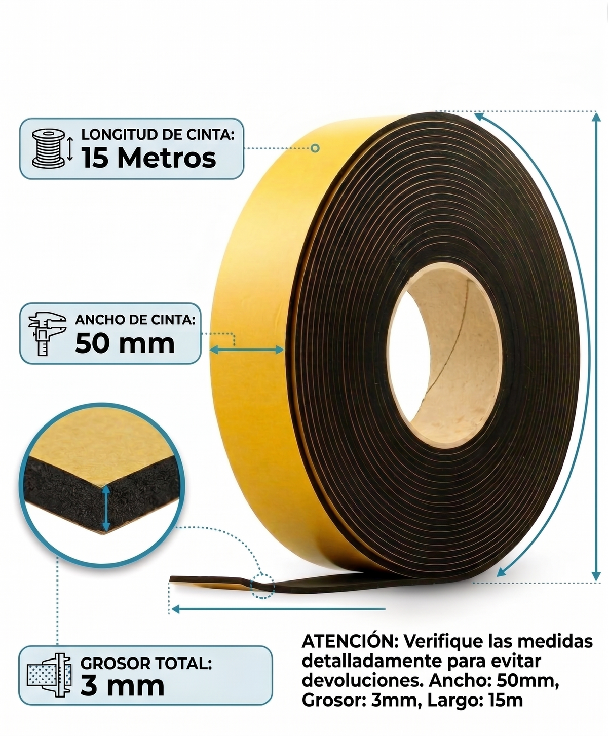 Cinta Autoadhesiva de Caucho 15m x 50mm (Grosor 3mm) | Aislante Térmico y Acústico para Furgonetas Camper, Conductos AC, HVAC y Juntas | Espuma de Alta Densidad Impermeable