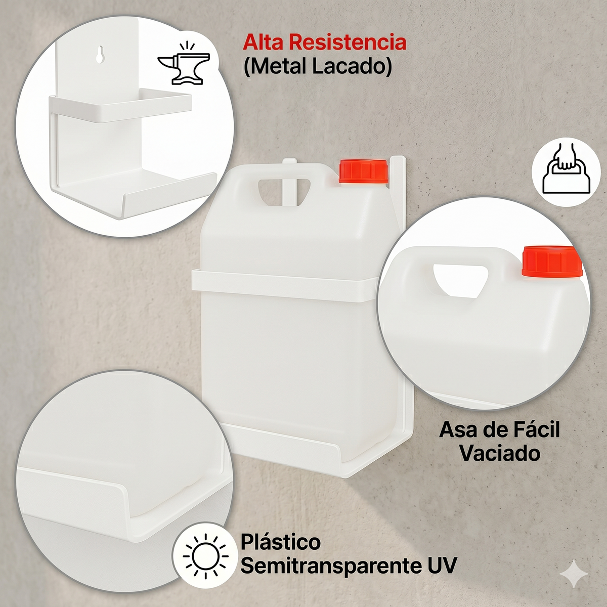 Kit Garrafa Desagüe para Aire Acondicionado | Garrafa de Plástico 5 Litros con Tapón y Soporte Metálico de Pared en U | Depósito de Condensación Universal para Exterior e Interior