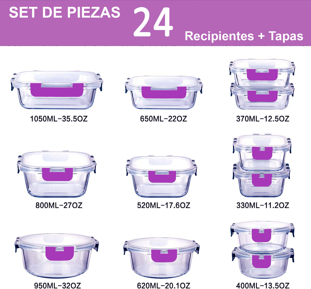 Recipientes de Cristal Para Alimentos - 24 Piezas (12 recipientes y 12 tapas) - Apto lavavajillas
